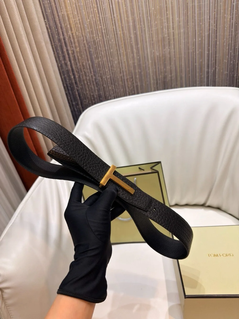 Tom Ford Black Leather Belt with Gold T Buckle